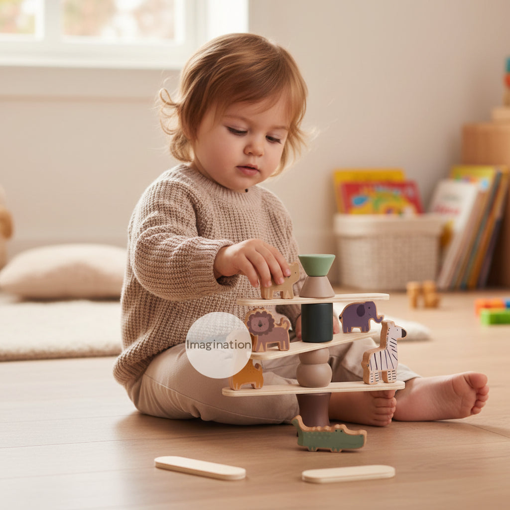 Child playing with a wooden toy in a cozy room